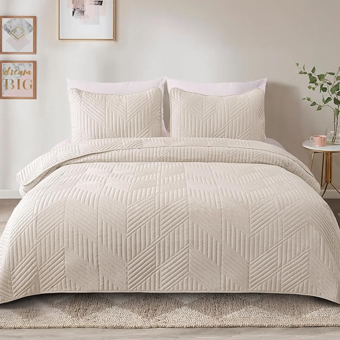 Exclusivo Mezcla Ultrasonic King Quilt Bedding Set, Brich Beige | Lightweight Bedspreads, Soft Microfiber, Modern Geometric Coverlet, All Season Bed Cover, 1 Quilt and 2 Pillow Shams