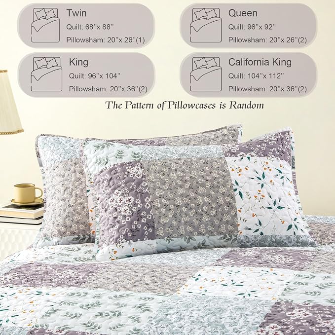 Whale Flotilla California King Size Quilt Set, Extra Soft Floral Bedspreads | Grey Reversible Lightweight Oversized King Quilt Bedding Set for Bed, Printed Coverlets with 2 Pillow Shams for All Seasons