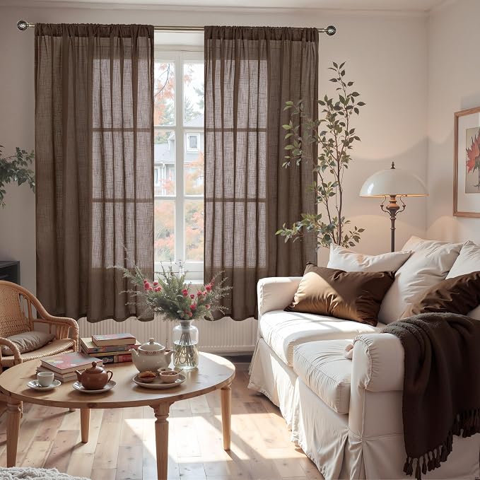 BGment Brown Linen Curtains 63 Inches Long for Living Room, Semi Sheer Window Drapes Rustic Textured for Farmhouse Beroom Dining Room Decor Rod Pocket Lightweight, 2 Panels Set, Each 52 Inch Wide