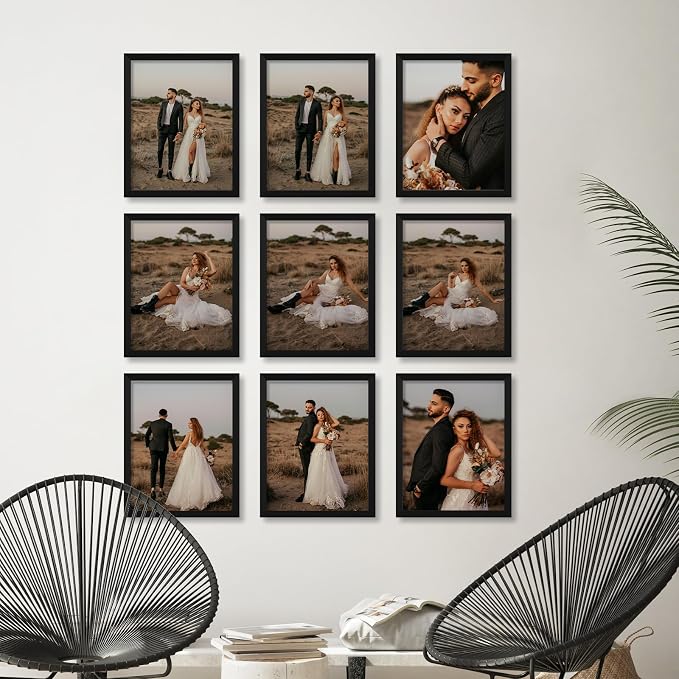 YESKAY 11x14 Picture Frame Set of 9, Photo Gallery Wall Frame Set, Display Pictures 8x10 with Mat or 11 x 14 Without Mat, Multi Photo Frames for Wall Mounting or Table Top Display, Black