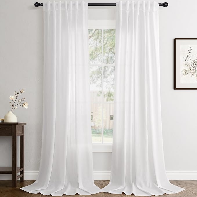 Jowels White Linen Curtains 105 Inch Long 2 Panels for Living Room | Light Filtering Semi Sheer Curtain, Back Tab Pocket Pleated Look, Boho Farmhouse Textured Privacy Drapes for Bedroom Window