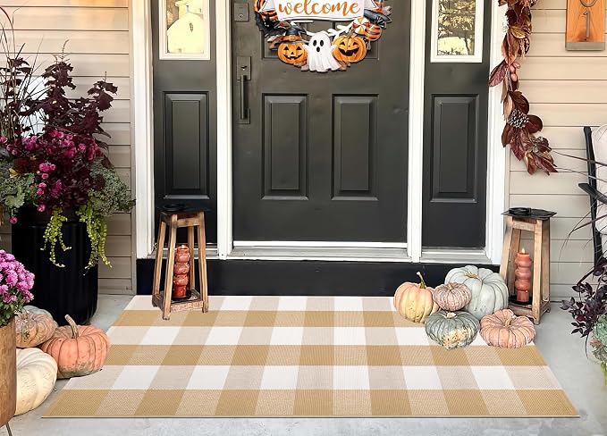 Khaki and White Outdoor Rug 24''x 51''Checkered Front Porch Mat Cotton Woven Washable Rugs Front Door Mat for Hello/Welcome Mat Entryway,Bedroom,Farmhouse Patio