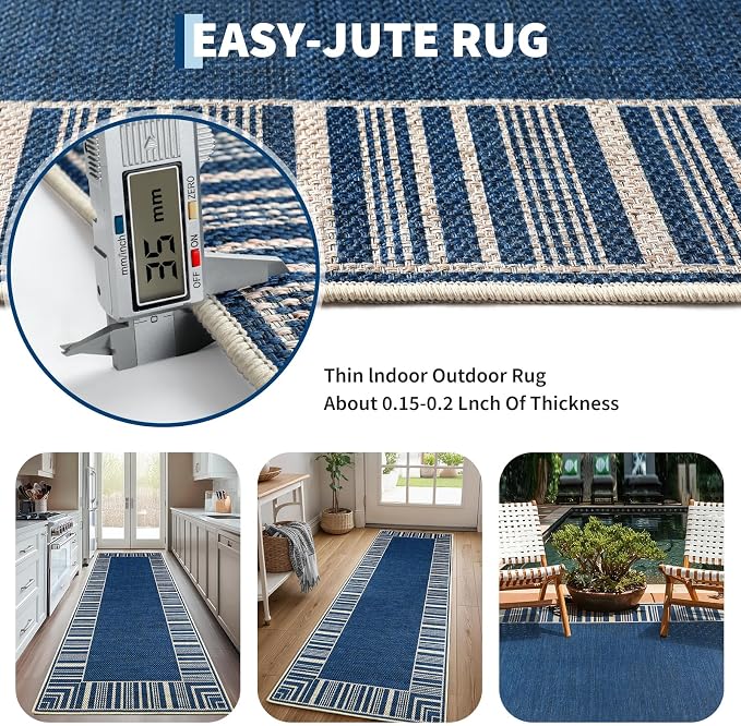 COZYLOOM 8x10 Indoor Outdoor Rugs Machine Washable Area Rugs for Living Room, Non Slip Non Shedding Bordered Easy Jute Rug Stain Resistant Modern Striped Carpet for Bedroom, Patio, Backyard, Blue