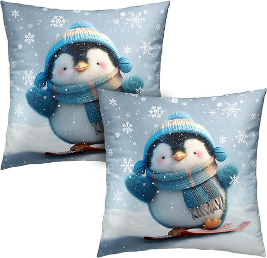 Winter Pillow Covers 18x18 Set of 2 Adorable Skiing Penguins Throw Pillow Covers Snowflakes Pillow Case Double Sided Printing Cushion Case for Home Decor Couch Sofa