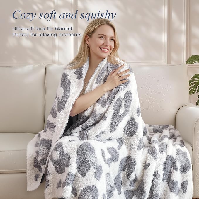 Knit Throw Blanket for Couch, Soft Cozy Fluffy Knitted Blanket for Sofa, Bed, Gift for Women Girls Home Decor (Leopard-Grey, Throw 50"x60")