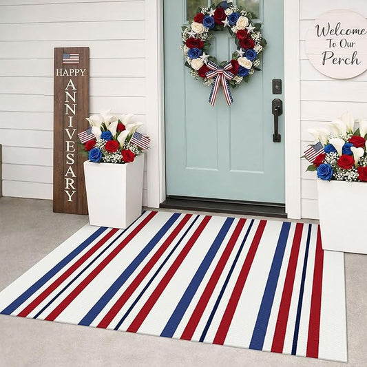 KILOCOCO 250th Anniversary Patriotic Striped Rug 3x5 ft, Red Blue White | Washable Front Door Rug, Woven Welcome Mat for Front Porch, Outdoor Rug for Memorial Day, Indoor Independence Day Decor