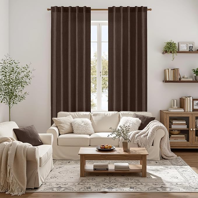 MIULEE Faux Linen Curtains 84 Inch Length 2 Panels Natural Semi Sheer Curtain with Back Tab Rod Pocket, Light Filtering Window Privacy Burlap Drapes for Living Room Bedroom 42W x 84L Brown