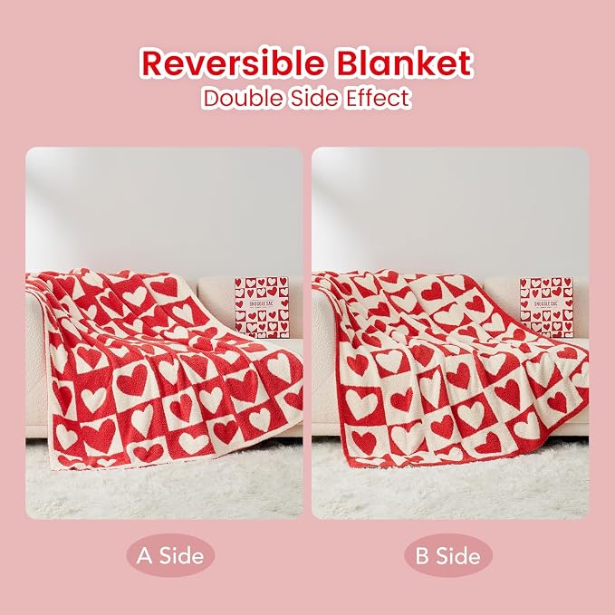 Snuggle Sac Valentines Throw Blanket Red Checker, Knitted Super Soft Cozy Blankets, Valentines Day Gifts for Her, Microfiber Heart Throws for Couch, Checkered Love, 50x60 inches