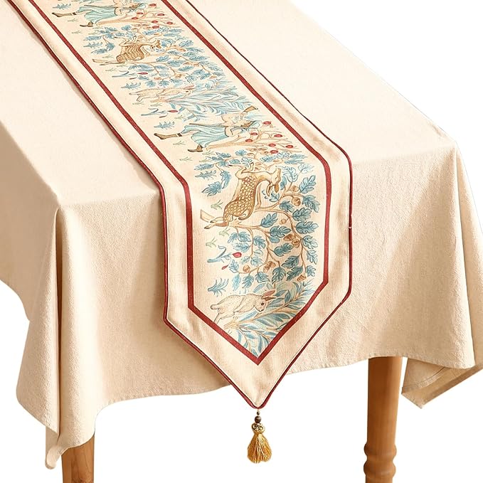 patdrea Designer Idyll Linen Table Runner, Vintage Beige Farmhouse with Ancient Spring Figure and Animal Pattern Table Mat, Decoration for Kitchen Dining Banquet Christmas ,12"*87"