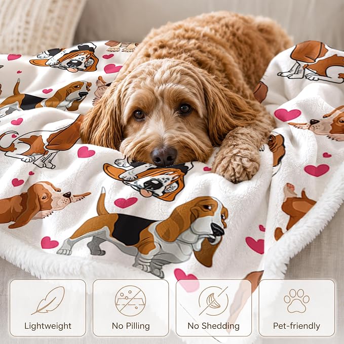 BlessLiving Throw Blanket, White Brown Dog Animal, 60x80 in | sherpa fleece fabric, Basset Hound Dense Pet Blankets Puppy print, for couch or sofa, pet lovers, easy machine care