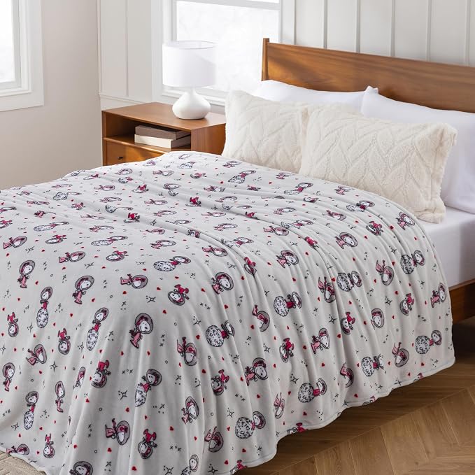 Berkshire Peanuts® VelvetLoft® Cute Character Snoopy Plush Blanket,Over the Moon for You Light Grey,Twin 60 in x 90 in (Official Peanuts® Product)