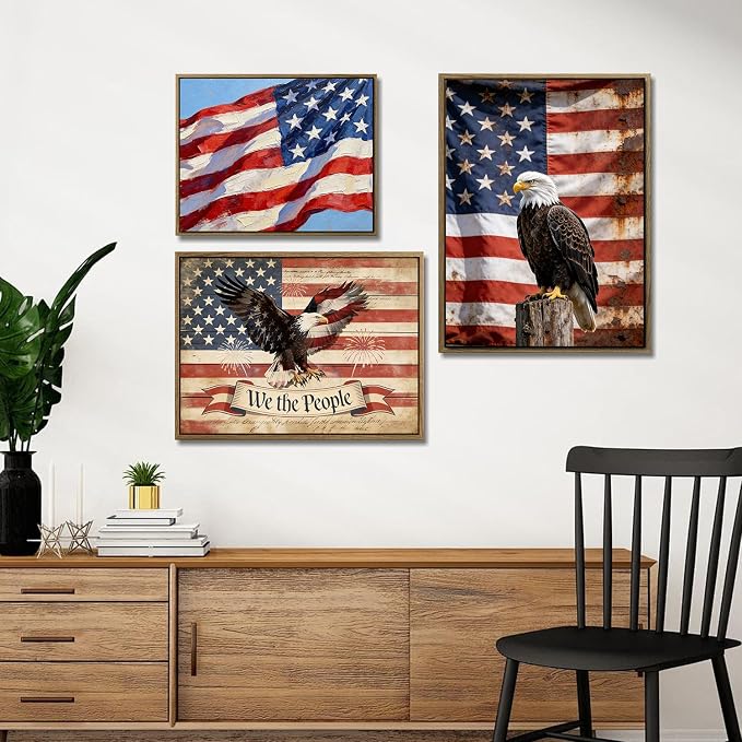 American Flag Framed Canvas Wall Art, 4th of July Patriotic Canvas Prints | USA Flag with Bald Eagle Poster Print, Vintage Independence Day Wall Decor for Bedroom Living Room 16×20in