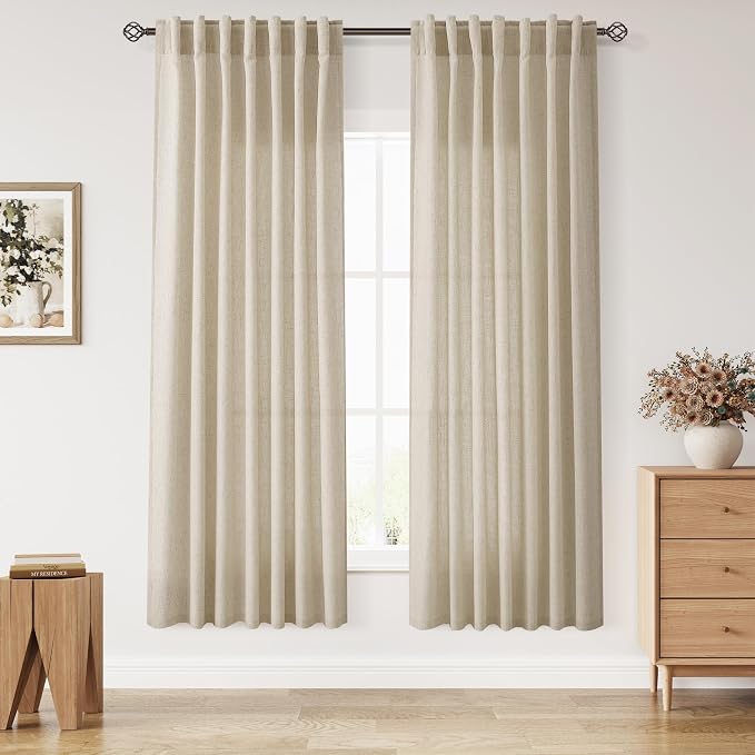 Eggshell Beige Curtains for Living Room 72 Inches Long Linen Blend Luxury Light Filtering Semi Sheer Curtain Back Tab Rustic Decor Neutral Elegant Drapes for Bedroom Office 52x72, 2 Panels