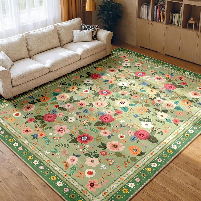 Washable Floral Area Rug for Living Room 8x10 Light Green | Non-Slip，Vacuum-Friendly, Low Pile, Flower Carpet for Bedroom Kitchen Entryway Dining Room Office Nursery