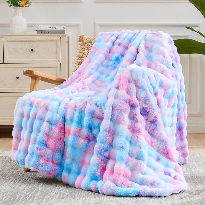 NEWCOSPLAY Faux Fur Bubble Twin Blanket for Couch, Purple Rainbow, 60"x80" | Fluffy Soft Thick Warm Bubble Blanket for Couch Sofa Bed 700GSM, Plush Cozy Luxury Decorative Throw, Gift for Women Men