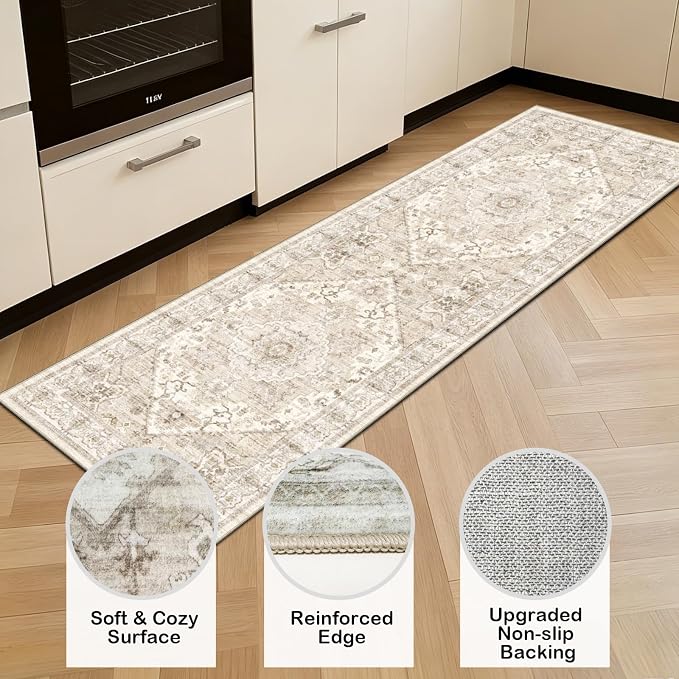 AooHHooA Boho Washable 2x6 Runner Rugs Non Slip Low Pile, Stain Resistant Vintage Soft Runners for Kitchen Hallway Laundry Entryway Bedroom,Beige