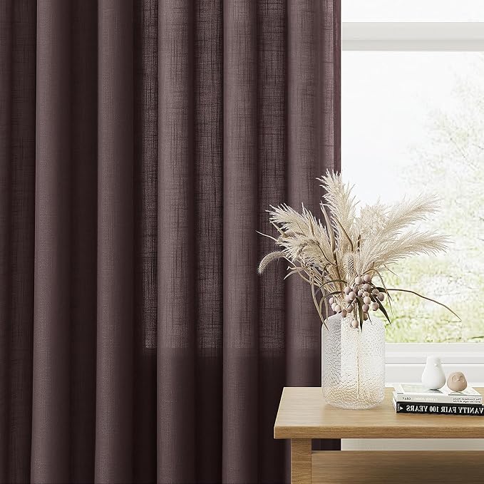 Coffee Brown Linen Curtains 90 Inches Long Rod Pocket Semi Sheer Dining Room Cozy Bedroom Decor Cotton Look Country Rustic Farmhouse Boho Curtains 2 Panel Set,52x90