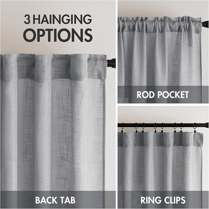 MIULEE Grey Linen Curtains 52x90 Inch Long for Bedroom Living Room 2 Panels | Soft Thick Linen Textured Window Drapes, Gray Semi Sheer Light Filtering, Back Tab Rod Pocket, Burlap Look Decor