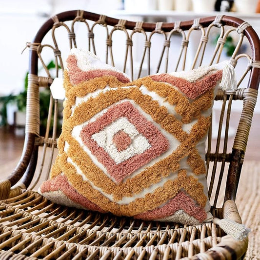 Merrycolor Boho Throw Pillow Covers 18x18 with Tassels, Decorative Pillow Covers Woven Tufted Bohemian Pillow Covers for Couch Sofa Bedroom Living Room (Orange)