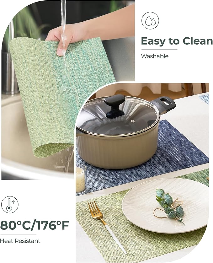 Leetaltree Gradient Green Woven Placemats Set of 24 - Heat Resistant Non-Slip Place mats for Dining Table, Washable Durable PVC Vinyl Woven Table Mats(Gradient Green, 24)