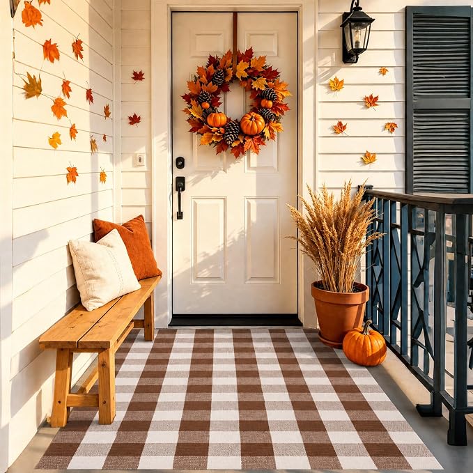 Buffalo Plaid Area Rug 5x7 Ft, Brown White Indoor Outdoor Rug | Cotton Blend, Brown White Checkered, Machine Washable, Layering Rug, Front Porch Entryway