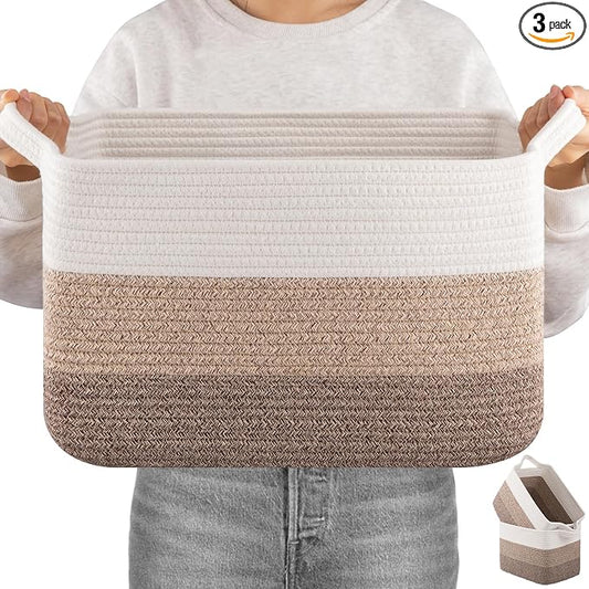 OIAHOMY Woven Storage Basket, Cotton Rope Baskets for Toys,Towel, Clothes, Used to Bathroom,Living Room,Nursery,Bedroom, 16"x12"x10"- Pack of 3, Gradient Yellow