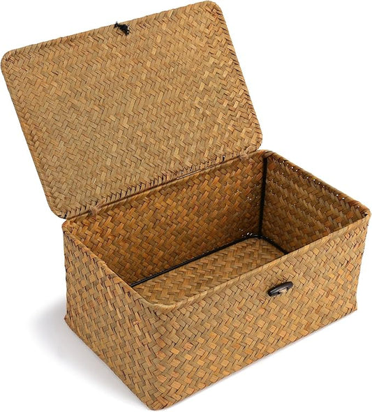 Nonam Small Wicker Basket with Lid,Seagrass Shelf Storage Basket,Natural | Basket Container for Organizing, Boho Decorative Basket, Rectangular Household Storage Boxes for Home Organization