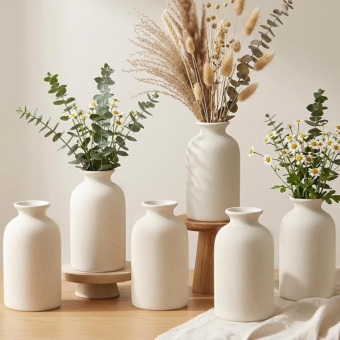 Ceramic Flower Vase Home Decor Small Vase Set of 6 Centerpieces for Tables | Farmhouse Vases Rustic Vintage Living Kitchen Bedroom Decorations for House Book Shelf Office Coffee Desk Dining Fireplace