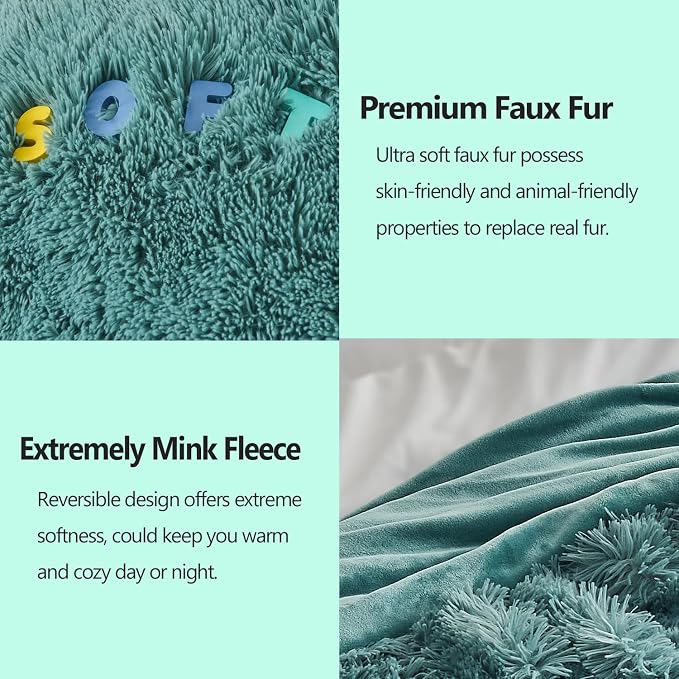 GONAAP Fuzzy Faux Fur Queen Blanket for Couch, Light Teal, 90"x90" | Warm Cozy Plush Shaggy Decorative Reversible Thick Non-Heated Fleece Blanket for Sofa Bed, Gift for Women Men, All Season Use