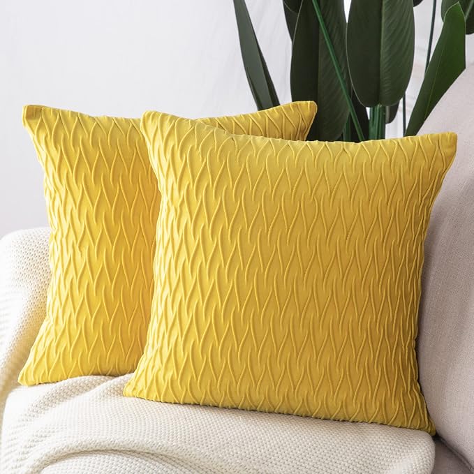 MADIZZ Set of 2 Super Soft Velvet Decorative Throw Pillow Covers 16x16 inch Lemon Yellow Square with Texture Luxury Style Cushion Case Pillow Shell for Sofa Bedroom