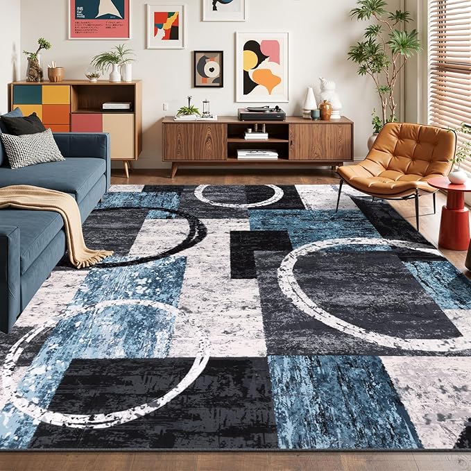 Yamaziot 8x10 Washable Modern Abstract Area Rug Non-Slip Living Room Rug | Stain Resistant, Low Pile, Ultra Soft Carpet Rug with Rubber Backing for Dining Room, Nursery, Bedroom, Office, Blue