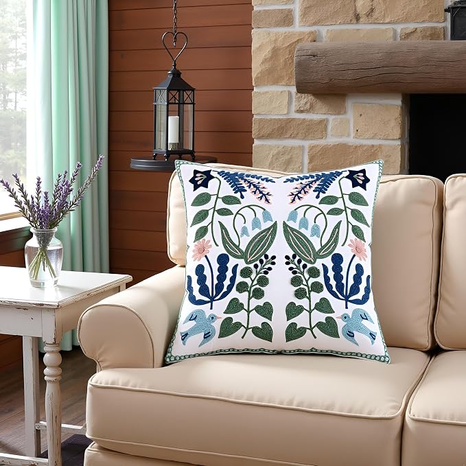 Embroidered Throw Pillow Covers 16x16 inch Set of 2 Blue Birds | Durable Fabric,Square Pillow Cover,Boho Decorative,Hidden Zipper,Aesthetic Design,Ideal Gift,Machine Washable