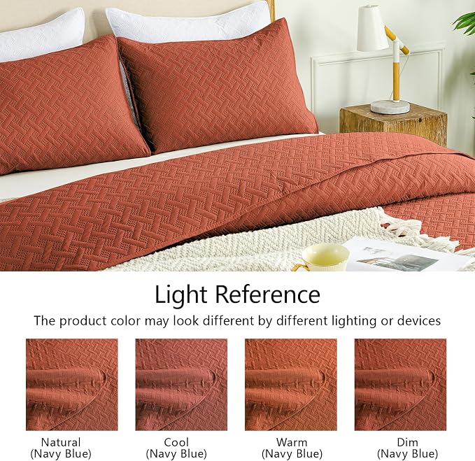 FLYMME Queen Quilt Bedding Set Burnt Orange Lightweight Bedspreads Full Size,Modern Style Geometric Weave Stripe Pattern,Soft Microfiber Bed Coverlet for All Season (1 Quilt, 2 Shams)