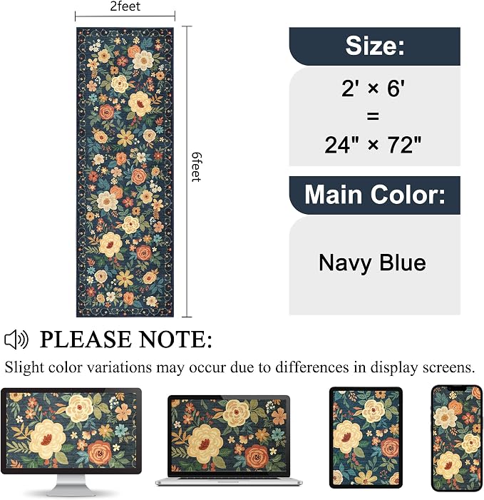 DUKINO 2x6 Runner Rug for Hallway Washable Kitchen Rugs Non Slip, Navy Blue | Low Pile, Soft, Floral Indoor Rug for Entryway, Bedroom, Laundry, Bathroom, Pet Friendly, Lightweight, Modern Home Decor