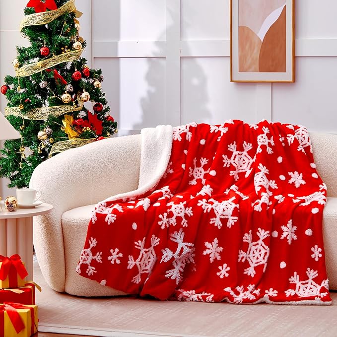 Red Sherpa Blanket - Snowflakes Throw Blanket for Couch, Warm Winter Cabin Throw, Premium Microfiber & Soft Touch, Plush & Fluffy, Warm & Cozy, Sofa, Bed, 50"x60"