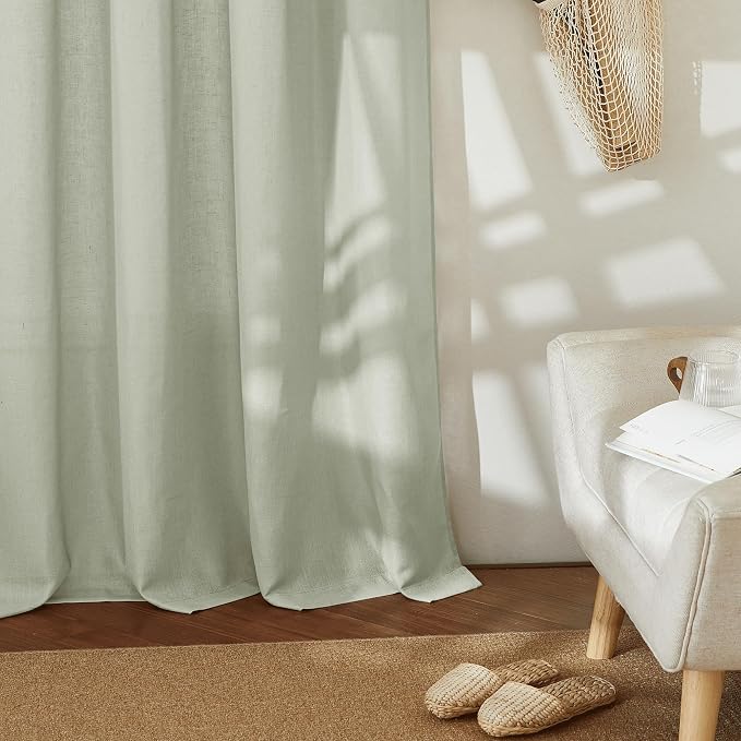 RYB HOME Linen Sheer Curtains 2 Panels for Living Room, Semi Transparent Privacy Drapes with Rod Pocket Farmhouse Style Window Treatments for Bedroom, Sage Green, 52" W x 102" L