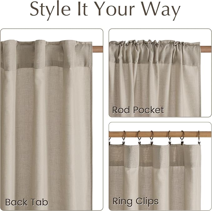 NICETOWN Semi Sheer Curtains 96 inches Long, Rod Pocket & Back Tab Linen Blend Light Filtering Window Treatments Privacy Added Drapes for Living Room, Cocoa Cream, W55 x L96, 2 Panels