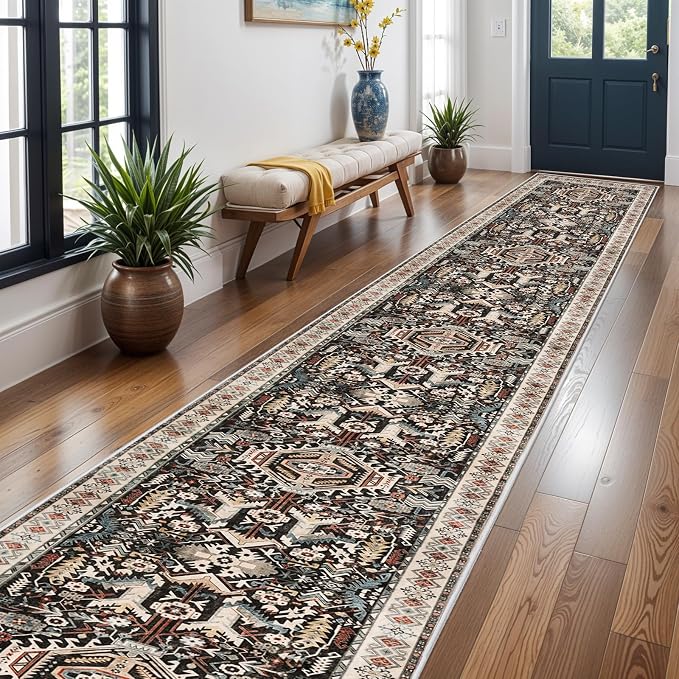 3x20 Runner Rug for Hallway - Hallway Runner Rug Distressed Mats Non-Slip Soft Room Floor Carpet for Dining Room (Black,3x20)