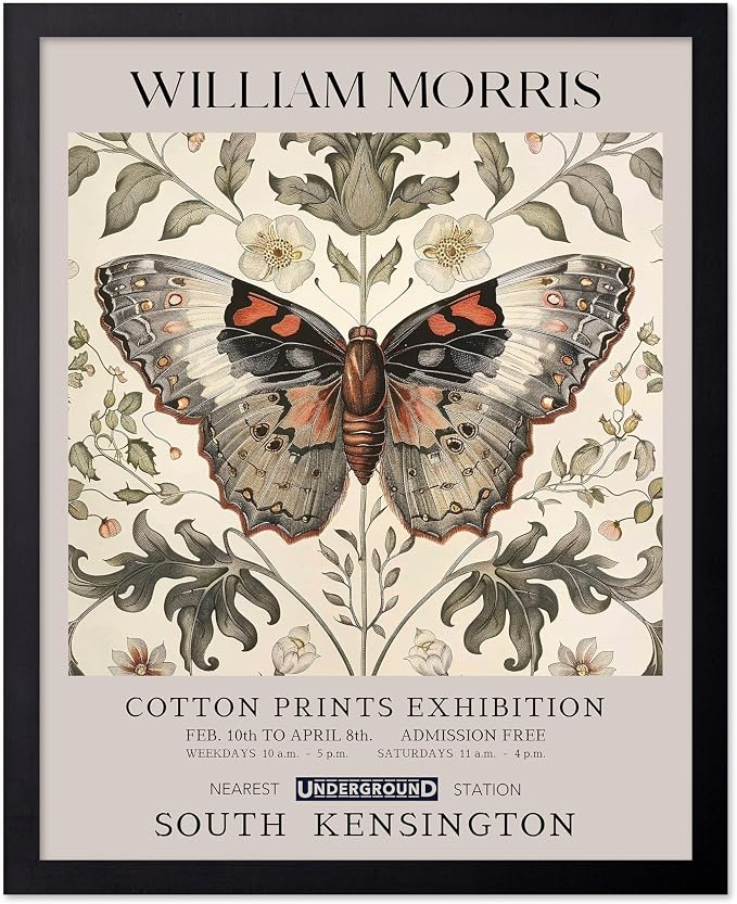 Poster Master William Morris Poster - Butterfly Print - Moth Illustration - Botanical Art - Flower Art - Exhibition Illustration - Animal Illustration - Floral Painting - Aesthetic Office or Bedroom Decor - 16x20 Black Framed