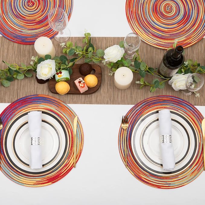 SHACOS Round Braided Placemats Set of 4 Variegated Colorful Placemats for Dining Tables Holiday Party Decor (Rainbow Red, 4)
