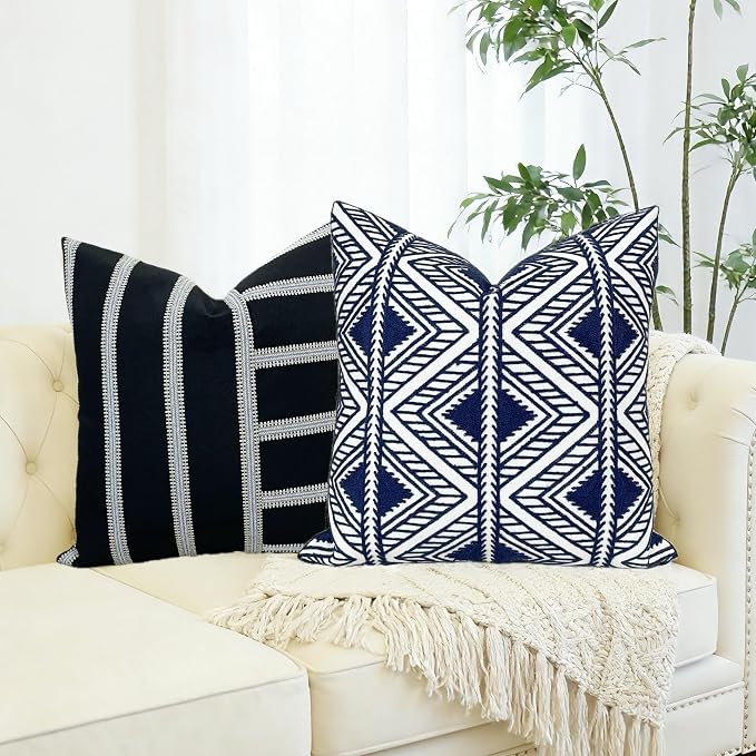 Slow Cow Embroidery Decorative Throw Pillow Cover Geometric Design Cushion Cover 18x18 Inches Navy Blue