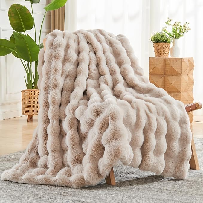 NEWCOSPLAY Faux Fur Thick Bubble Throw Blanket for Couch, Linen, 50"x60" | Luxury Fluffy Thick Warm Bubble Blanket for Couch Sofa Bed 1000GSM, Soft Plush Cozy Decorative Throw, Gift for Women Men