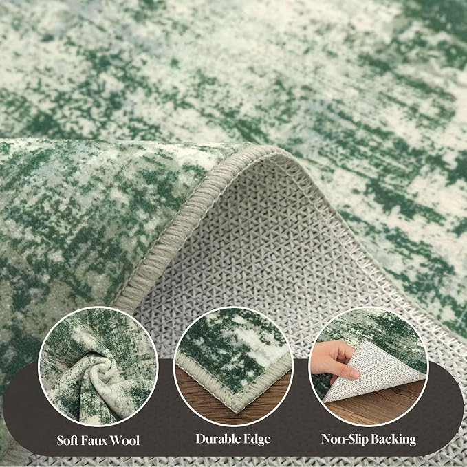 Lansny Abstract Washable Entryway Rug 3x5 Area Rug Non Slip Kitchen Rugs | Green;Thin Printed Faux Wool Door Mat;Small Rugs;Front Door Rug;Indoor Entry Rug;Rubber Backed Floor Carpet;Throw Rugs