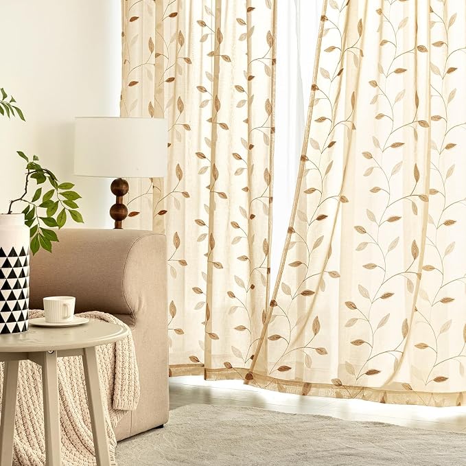 MIULEE Khaki Sheer Curtains 2 Panels Embroidered Leaf Patterned, W52 x L84 | Embroidered Floral Semi Sheer,Rod Pocket,Faux Linen,Short Window Curtains Drapes Set for Kitchen/Bathroom/Cafe