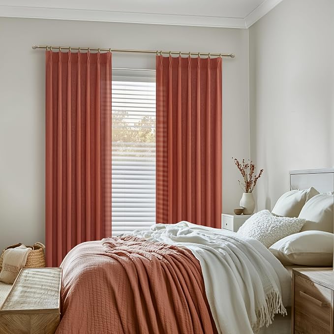 PleatedDrapes Decorative Burnt Orange Sheer Curtains 96 Inches Long for Sliding Glass Doors, Farmhouse Cottage Core Fall Pinch Pleat Linen Blend 96 Inch Curtain 2 Panel Set Light Filtering Drapes Rust
