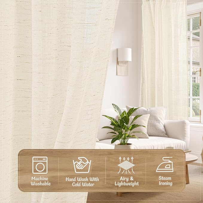 Beige Linen Semi Sheer Curtains 96 inches Long, 52 x 96 Inch | Light Filtering, Living Room Curtains, Floor to Ceiling Drapes for Bedroom, Sliding Glass Door, Back Tab Rod Pocket, 2 Panels
