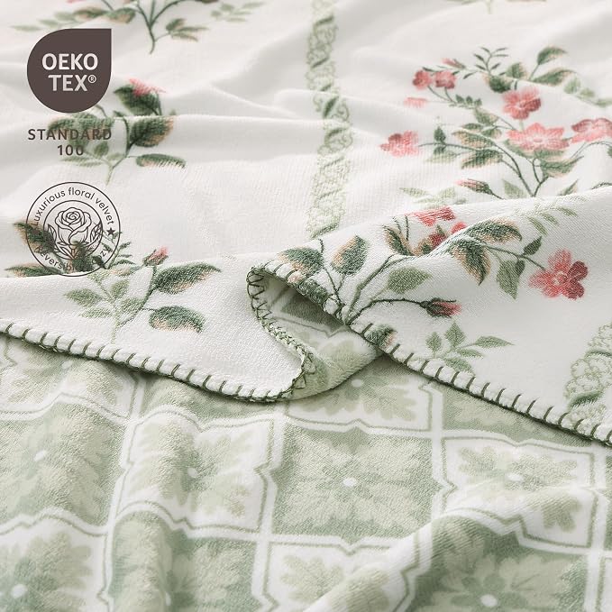 Floral Reversible Throw Blanket for Couch-Coco Flannel Soft Bed Blankets | Luxuriously Warm Fluffy Decor for Women, Mom, Her & Girls, Plush Throw for Sofa, Chair, 50x60in, Herb Green