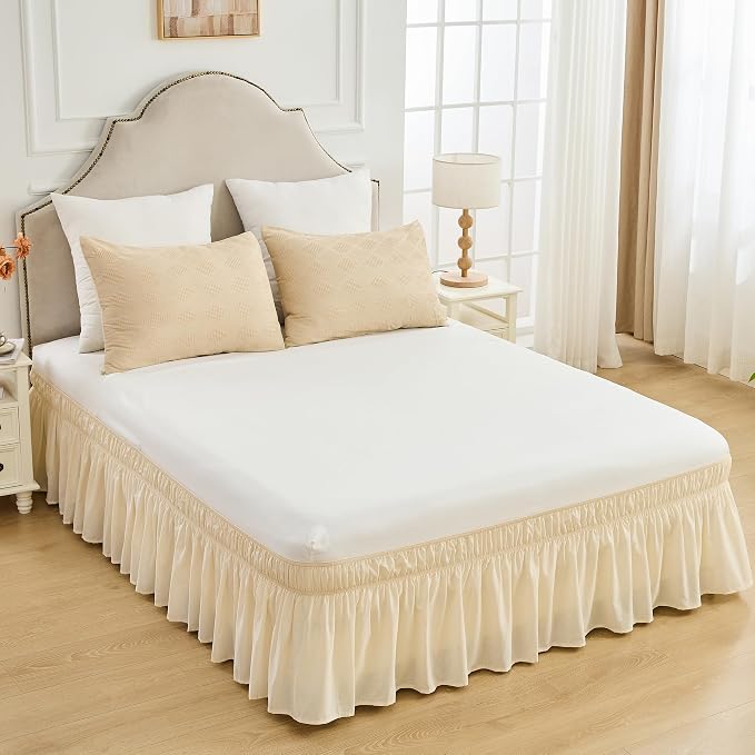 BISELINA Wrap Around Bed Skirts 17" Drop, Cotton Adjustable Elastic Dust Ruffles Easy Fit Wrinkle & Fade Resistant Soft Cozy Elegant Luxurious Bedding - Beige, Queen Size
