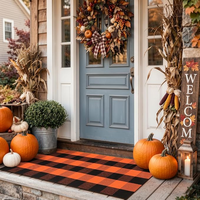 LEEVAN Halloween Layered Outdoor Front Door Mat, Fall Buffalo Plaid Rug | Small 2x4.3 Washable Black and Orange Checkered Entryway Rugs, Woven Cotton Fall Welcome Mat for Spooky Front Porch Kitchen