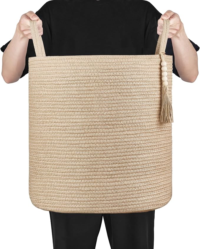 Mkono Woven Storage Basket for Blanket, Toys Plant Organizer, 15"W x 17.7"L | Brown, Jute, 51L Large Capacity, Shipped Folded with Reshape Guide, Soft Woven Bin for Blankets Toys Plant Pot Cover